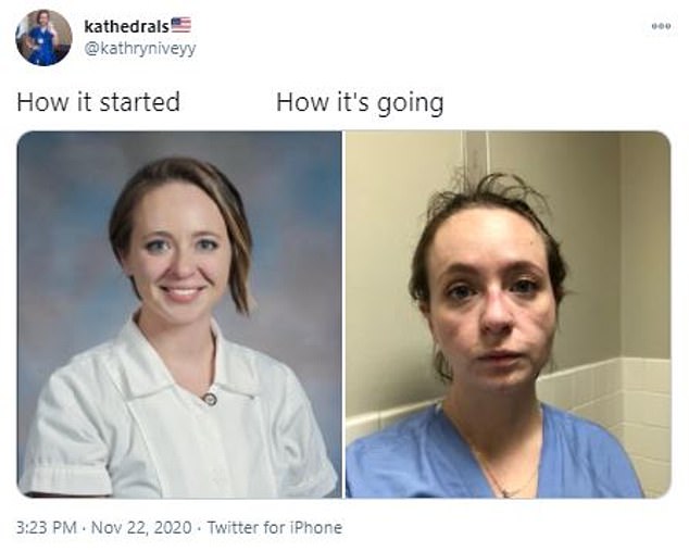An ICU nurse has shared before-and-after photos that capture the devastating toll that the coronavirus pandemic has had on healthcare workers